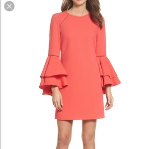 CHELSEA28 - Coral Tiered Ruffle Bell Sleeve Shift Dress